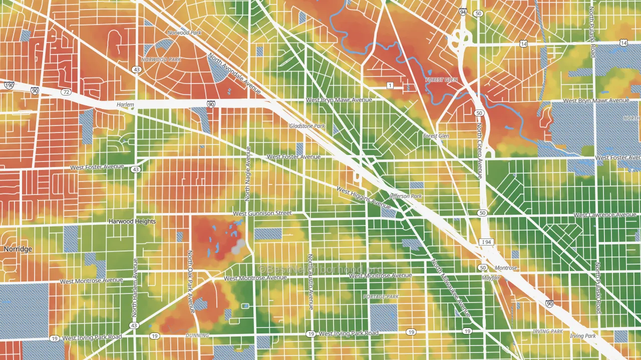 Walk Grade map of Colonial Gardens, Chicago, IL, walkable areas in green and car-dependent areas in red