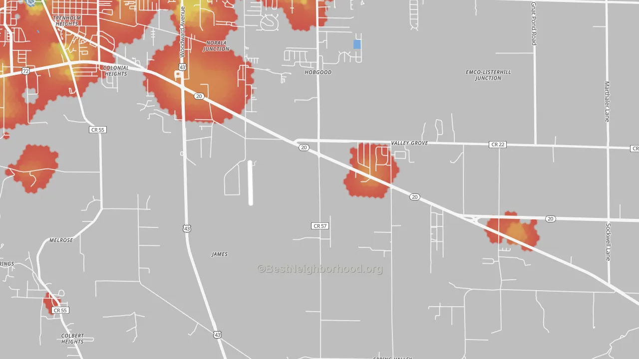 Walk Grade map of Colonial Heights, AL, walkable areas in green and car-dependent areas in red