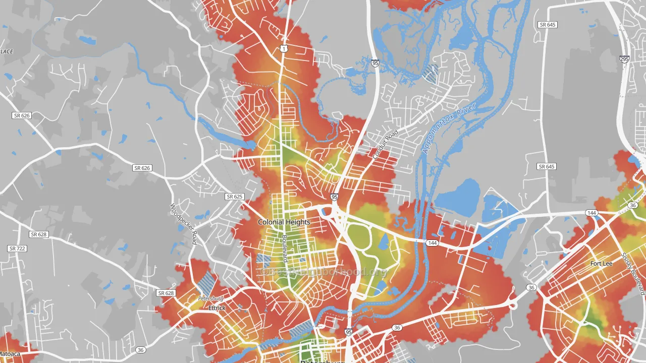 Walk Grade map of Colonial Heights City, VA, walkable areas in green and car-dependent areas in red
