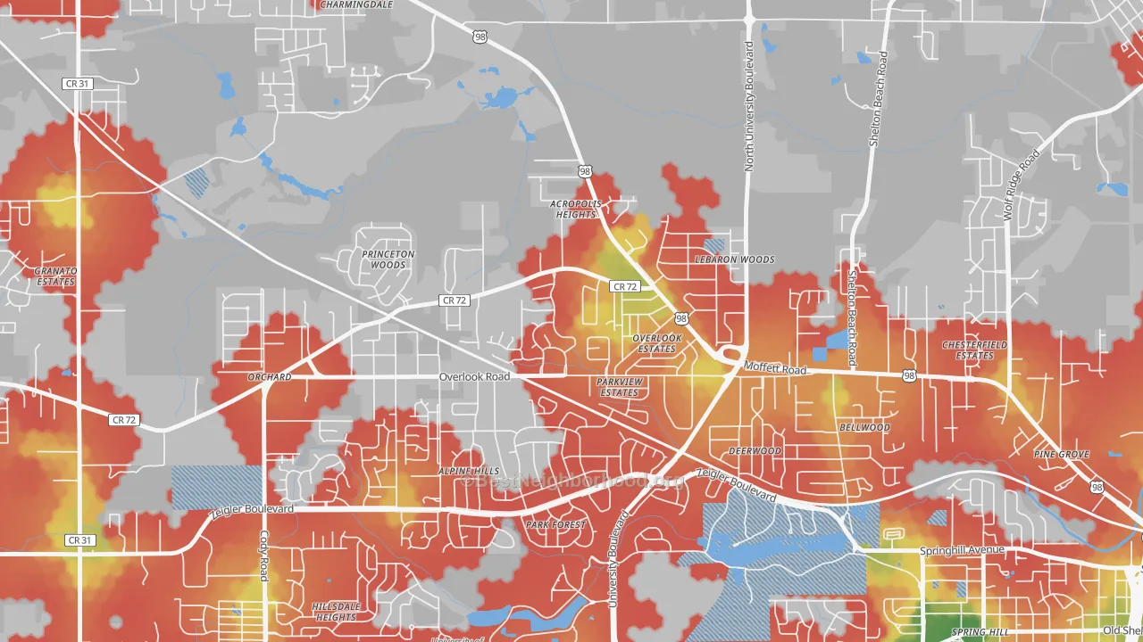 Walk Grade map of Colonial Heights, Mobile, AL, walkable areas in green and car-dependent areas in red