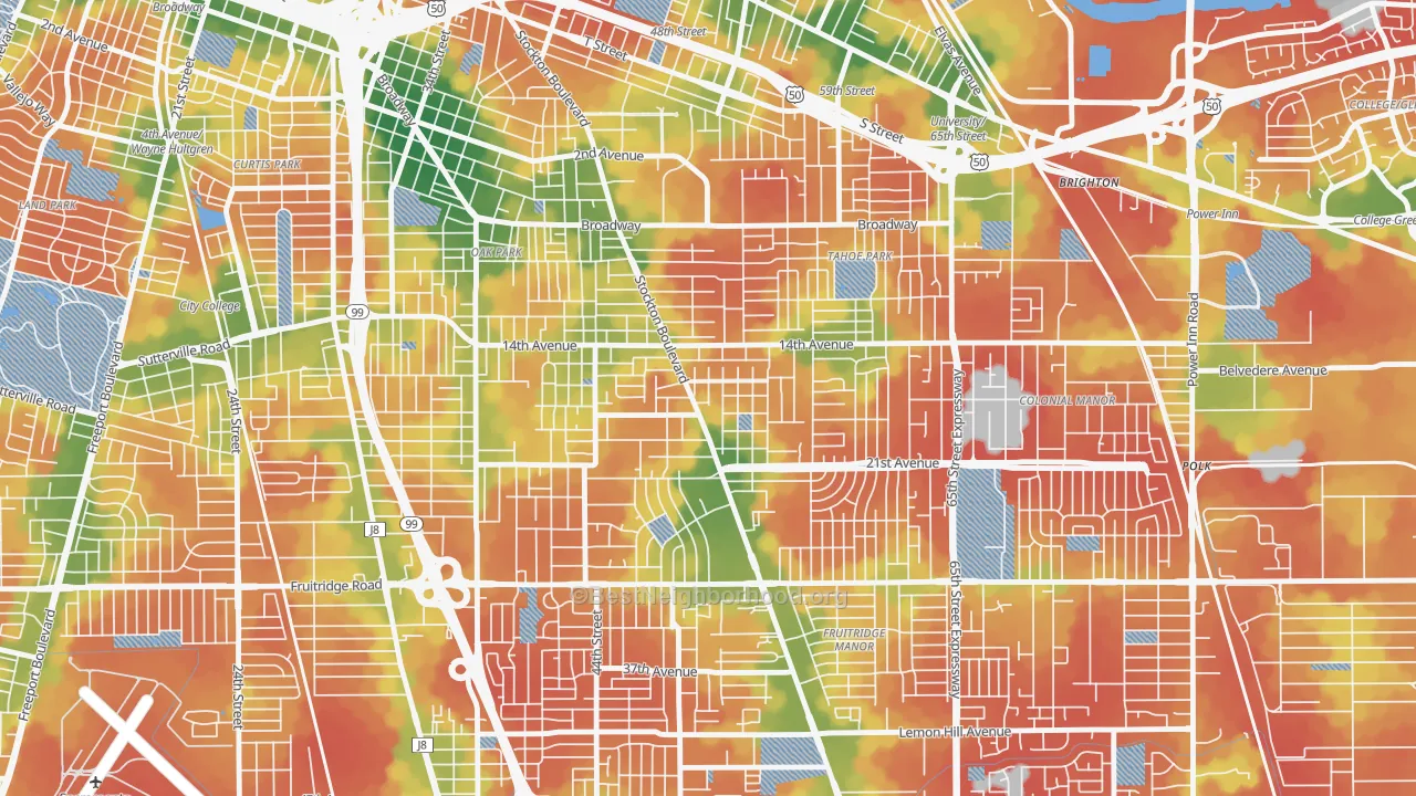 Walk Grade map of Colonial Heights, Sacramento, CA, walkable areas in green and car-dependent areas in red