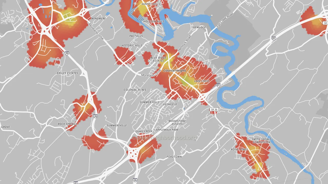 Walk Grade map of Colonial Heights, TN, walkable areas in green and car-dependent areas in red