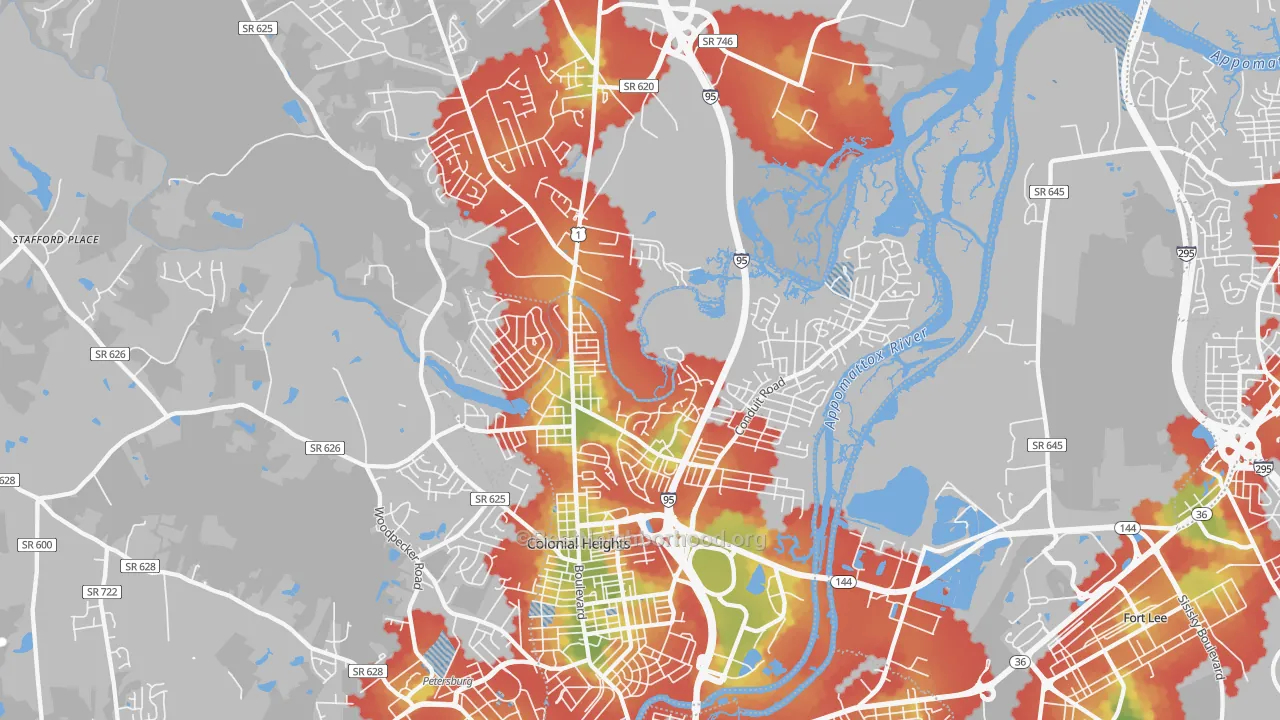 Walk Grade map of Colonial Heights, VA, walkable areas in green and car-dependent areas in red