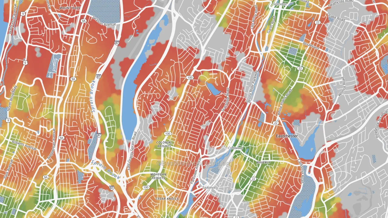Walk Grade map of Colonial Heights, Yonkers, NY, walkable areas in green and car-dependent areas in red
