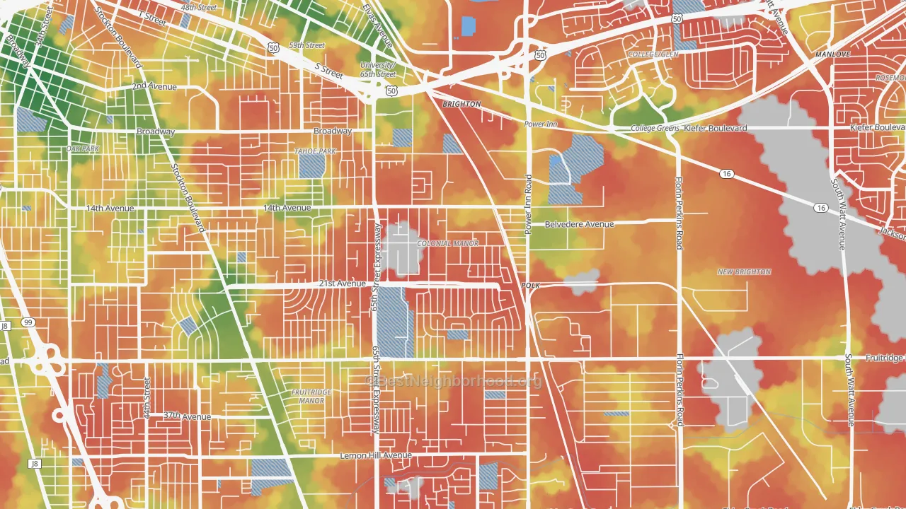 Walk Grade map of Colonial Manor, Sacramento, CA, walkable areas in green and car-dependent areas in red