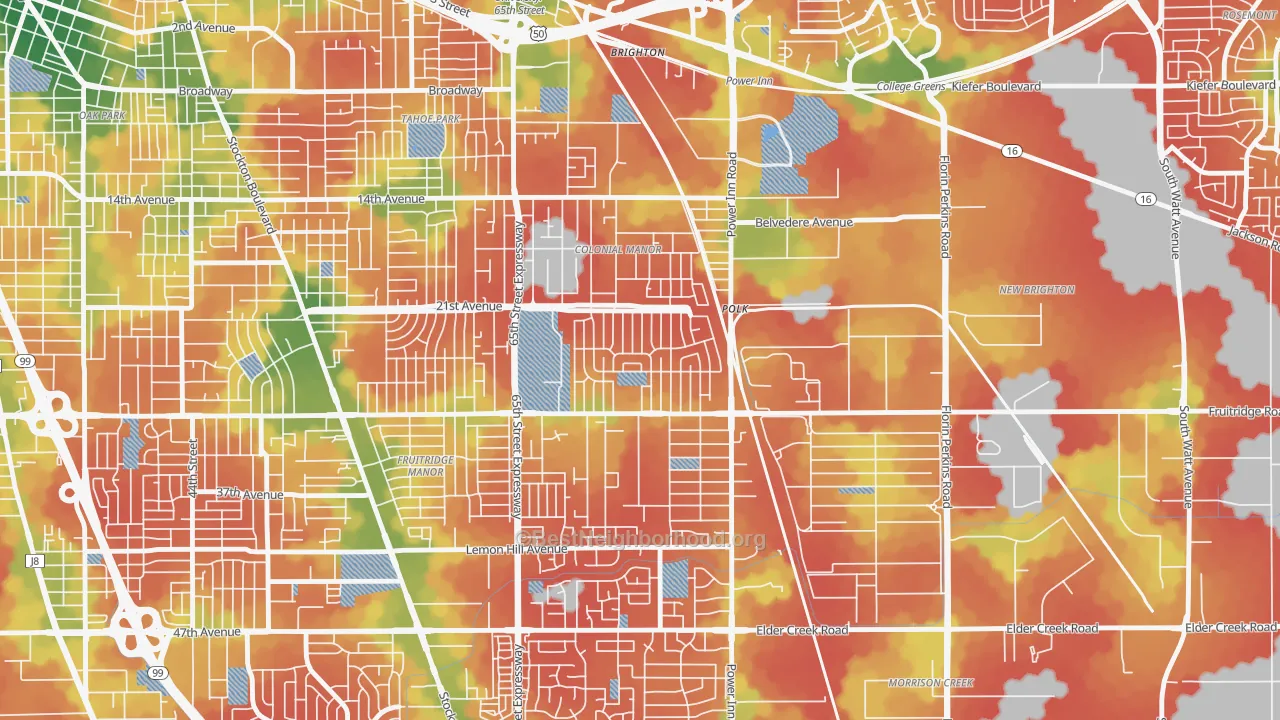 Walk Grade map of Colonial Village, Sacramento, CA, walkable areas in green and car-dependent areas in red