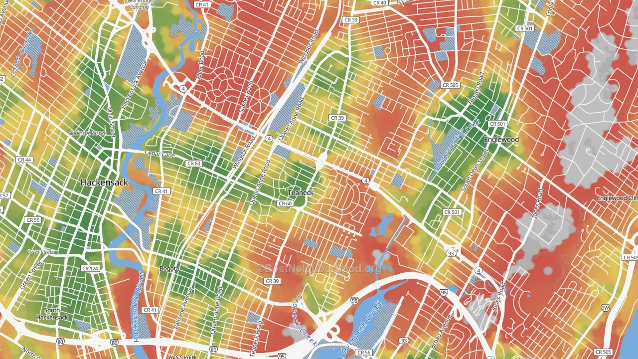 Walk Grade map of Colonial Village, Teaneck, NJ, walkable areas in green and car-dependent areas in red