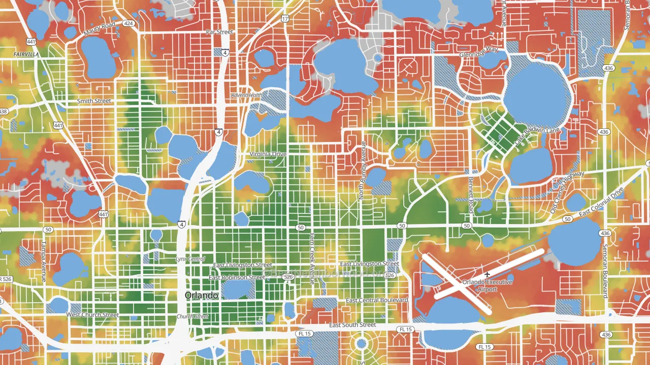 Walk Grade map of Colonicaltown North, Orlando, FL, walkable areas in green and car-dependent areas in red