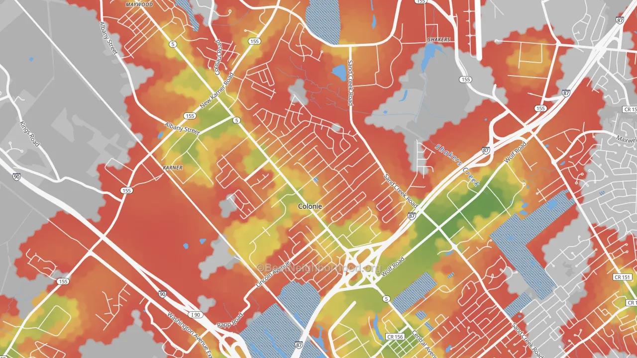 Walk Grade map of Colonie, NY, walkable areas in green and car-dependent areas in red