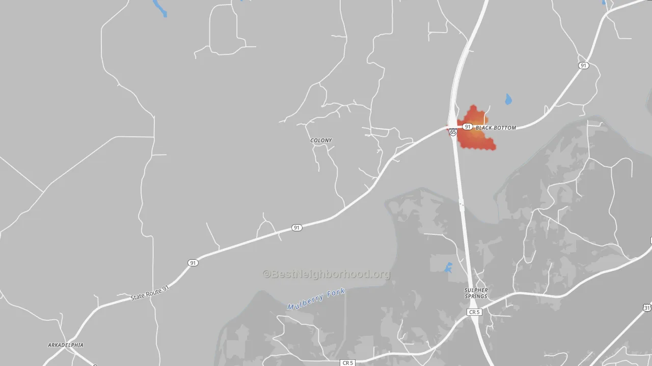 Walk Grade map of Colony, AL, walkable areas in green and car-dependent areas in red