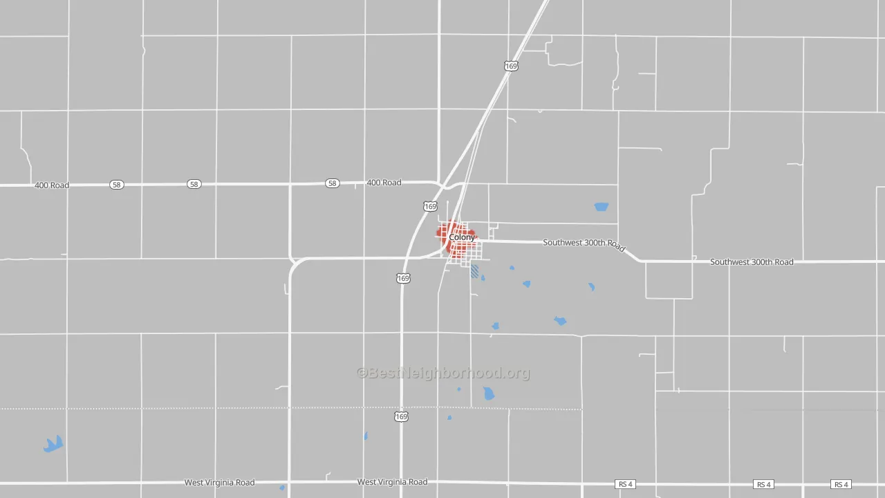 Walk Grade map of Colony, KS, walkable areas in green and car-dependent areas in red