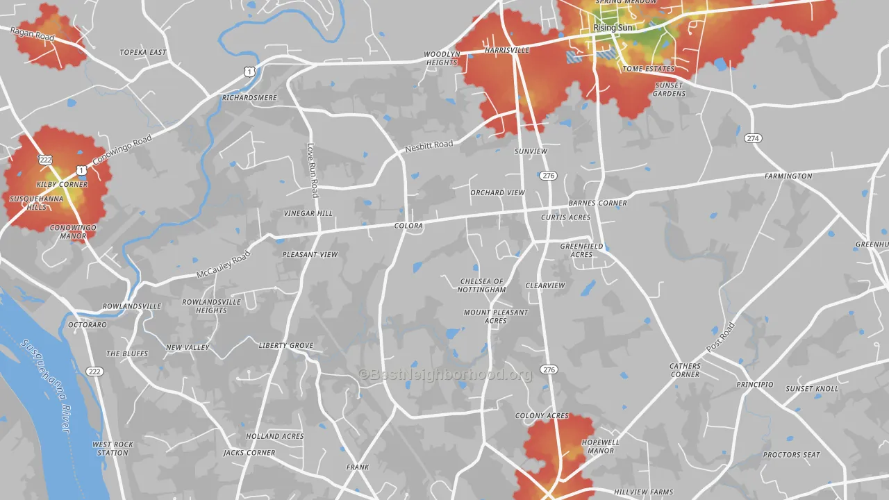 Walk Grade map of Colora, MD, walkable areas in green and car-dependent areas in red