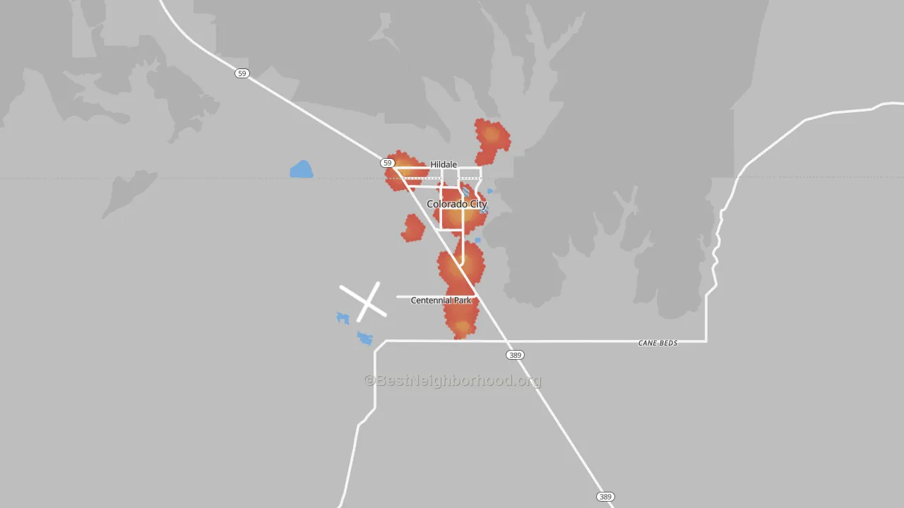 Walk Grade map of Colorado City, AZ, walkable areas in green and car-dependent areas in red