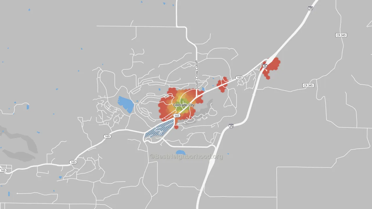 Walk Grade map of Colorado City, CO, walkable areas in green and car-dependent areas in red