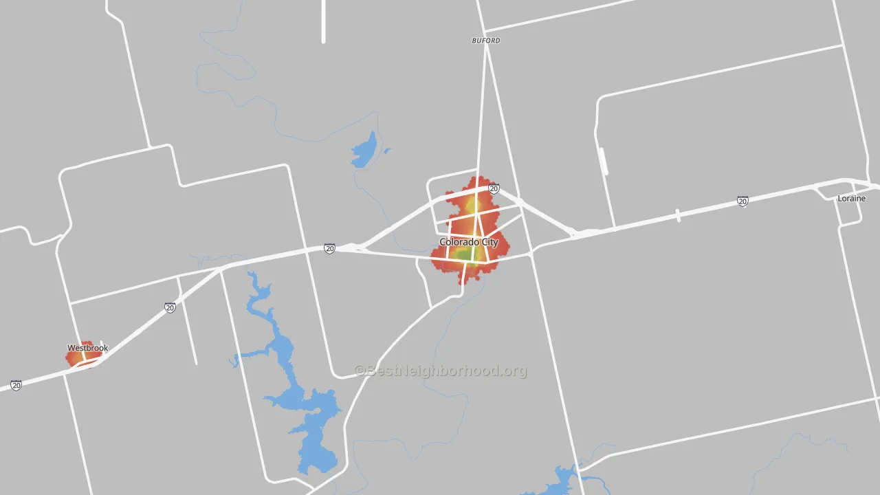 Walk Grade map of Colorado City, TX, walkable areas in green and car-dependent areas in red