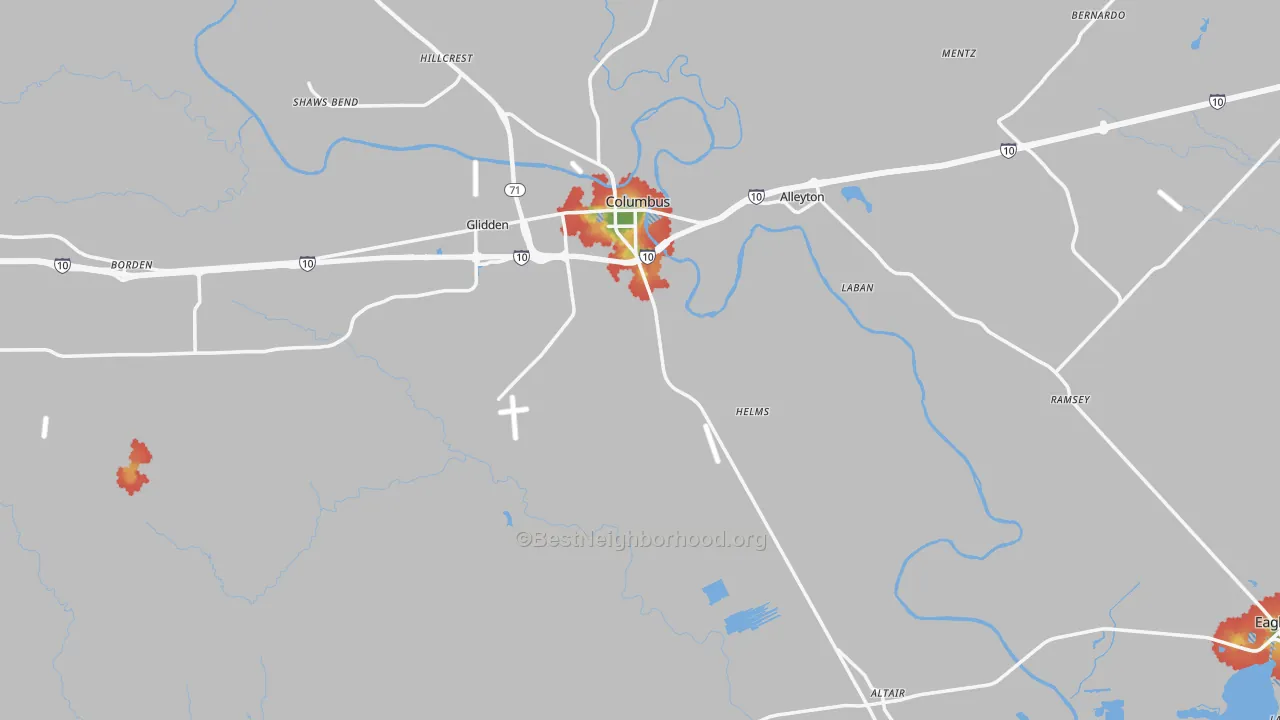 Walk Grade map of Colorado County, TX, walkable areas in green and car-dependent areas in red