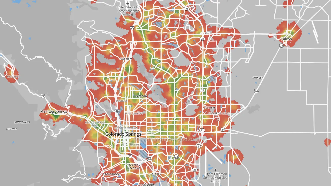 Walk Grade map of Colorado Springs, CO, walkable areas in green and car-dependent areas in red