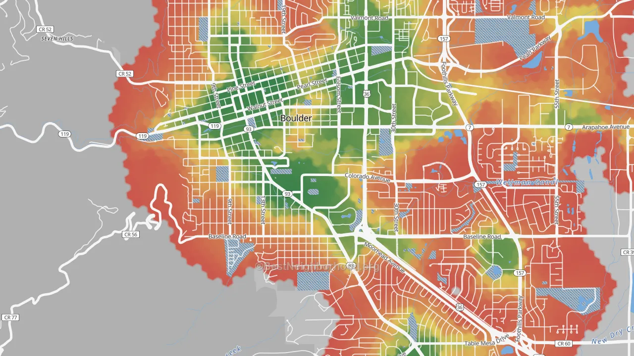 Walk Grade map of Colorado University, Boulder, CO, walkable areas in green and car-dependent areas in red