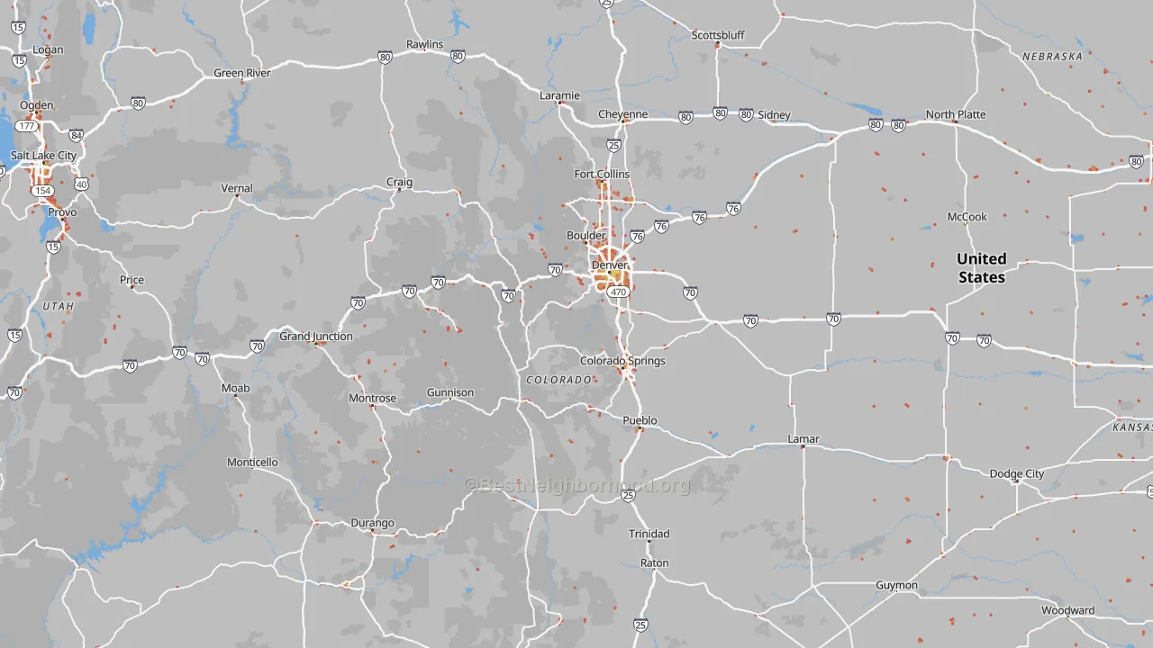 Walk Grade map of Colorado, walkable areas in green and car-dependent areas in red