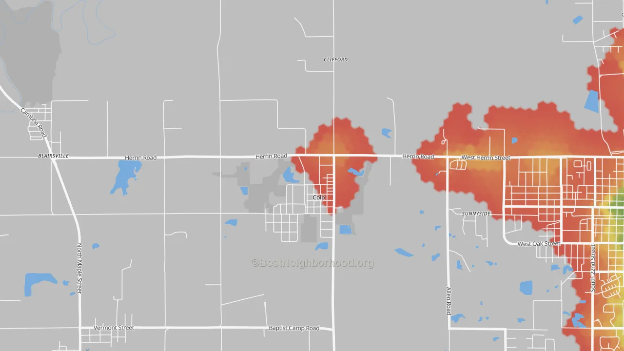 Walk Grade map of Colp, IL, walkable areas in green and car-dependent areas in red