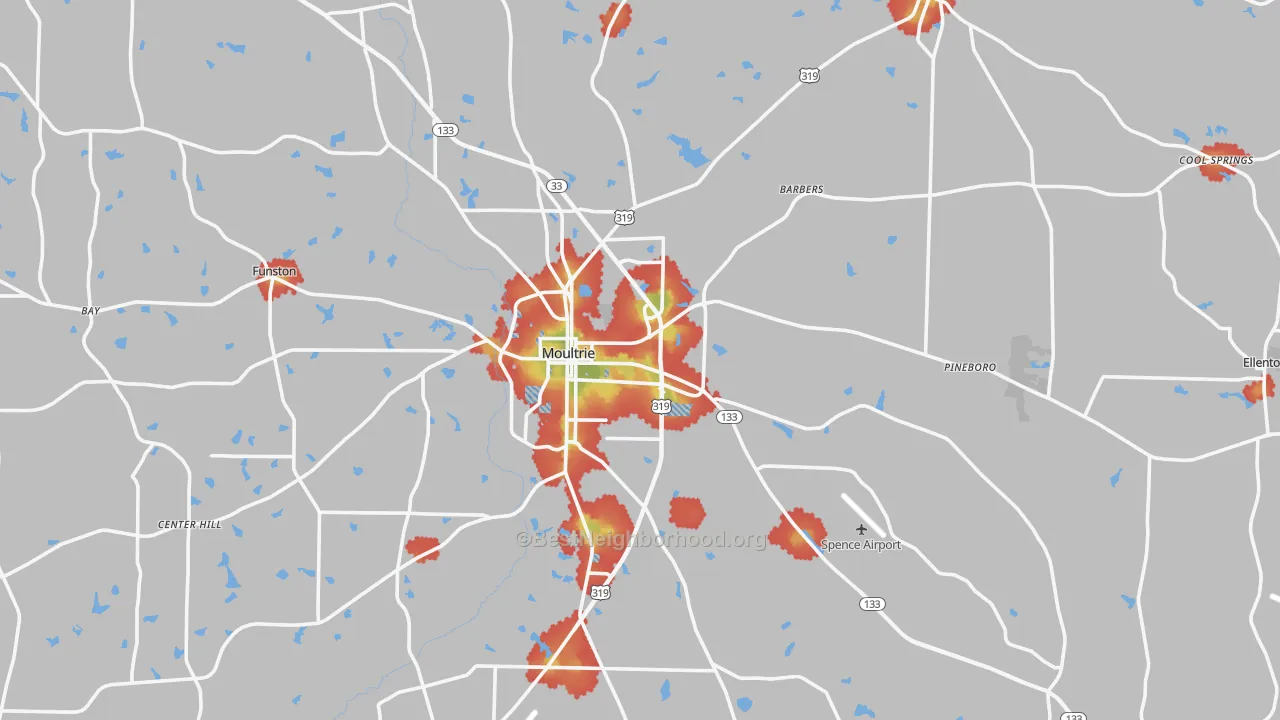 Walk Grade map of Colquitt County, GA, walkable areas in green and car-dependent areas in red