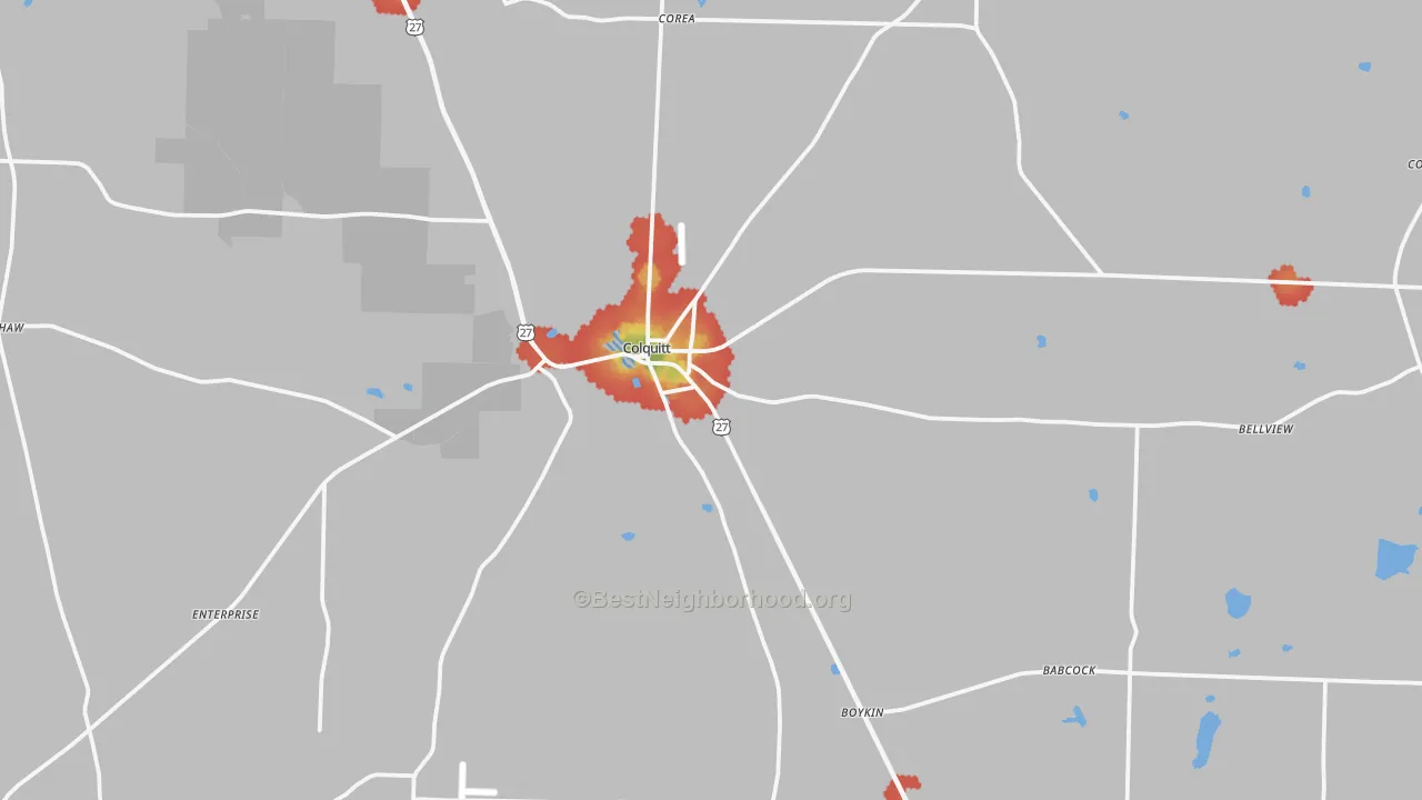 Walk Grade map of Colquitt, GA, walkable areas in green and car-dependent areas in red