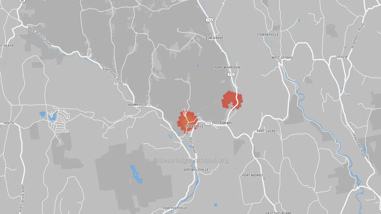 Walk Grade map of Colrain, MA, walkable areas in green and car-dependent areas in red