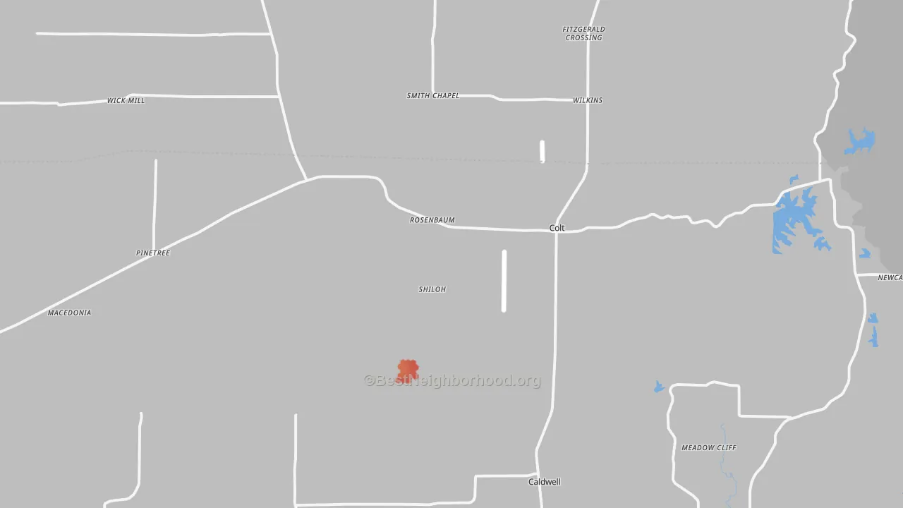 Walk Grade map of Colt, AR, walkable areas in green and car-dependent areas in red
