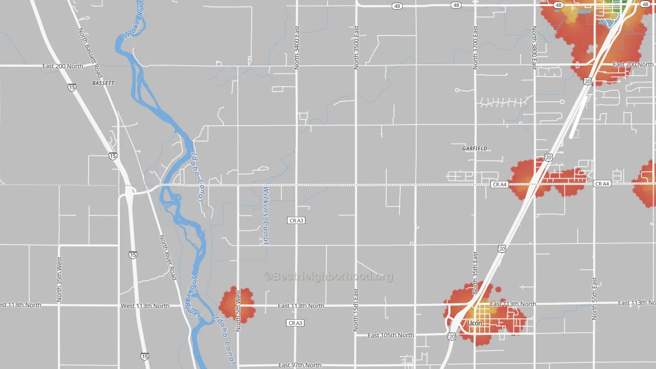 Walk Grade map of Coltman, ID, walkable areas in green and car-dependent areas in red