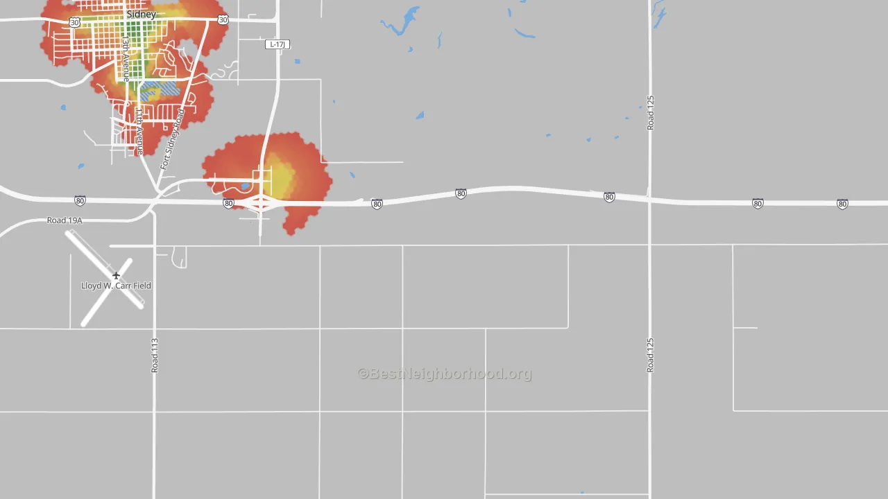 Walk Grade map of Colton, NE, walkable areas in green and car-dependent areas in red