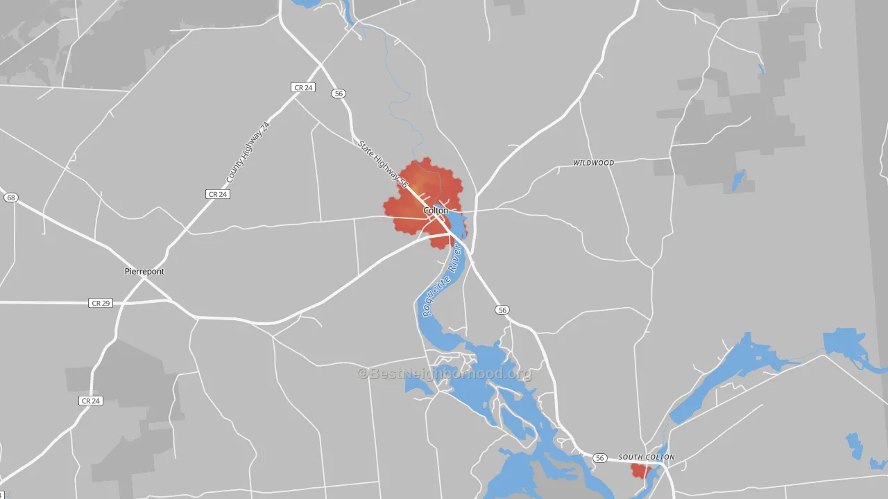 Walk Grade map of Colton, NY, walkable areas in green and car-dependent areas in red