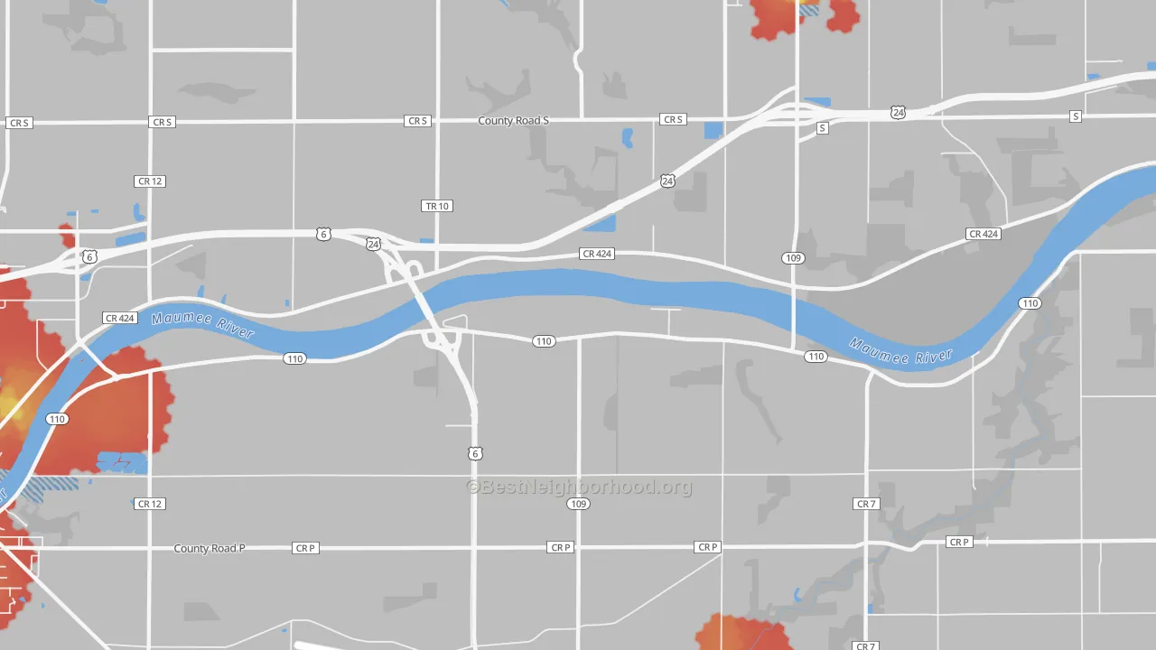 Walk Grade map of Colton, OH, walkable areas in green and car-dependent areas in red