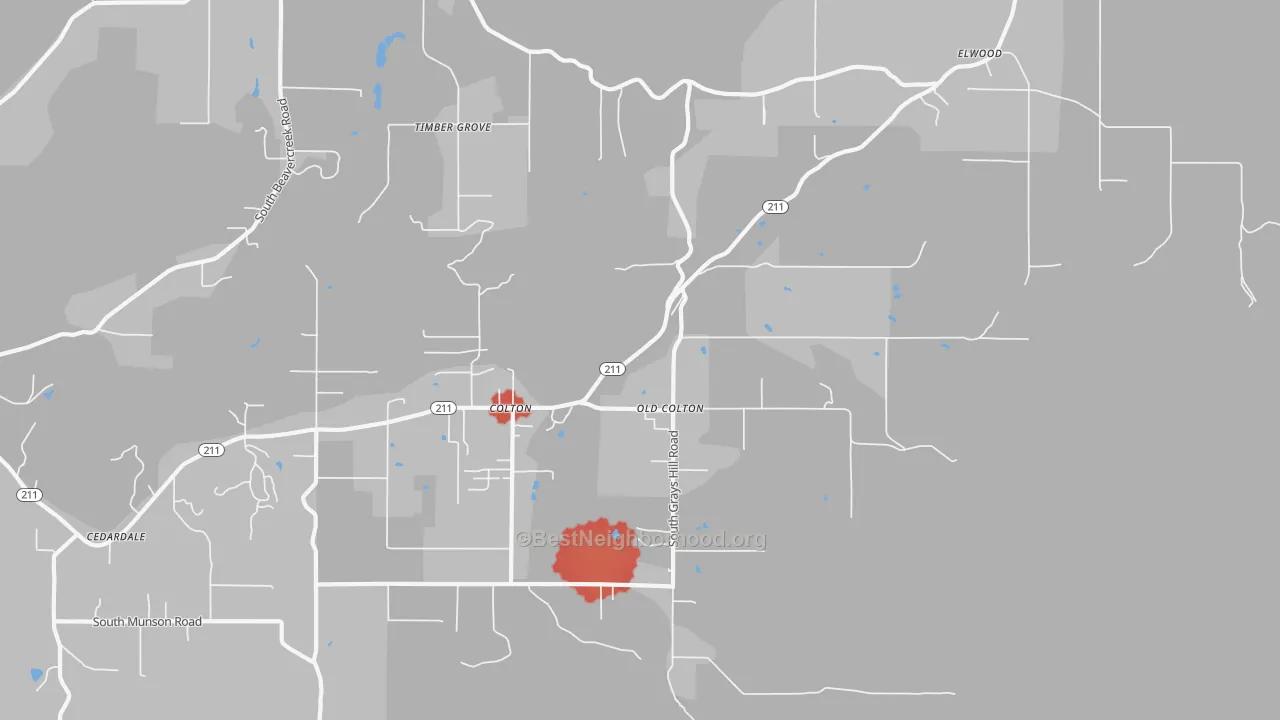 Walk Grade map of Colton, OR, walkable areas in green and car-dependent areas in red