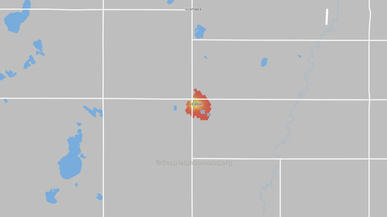 Walk Grade map of Colton, SD, walkable areas in green and car-dependent areas in red