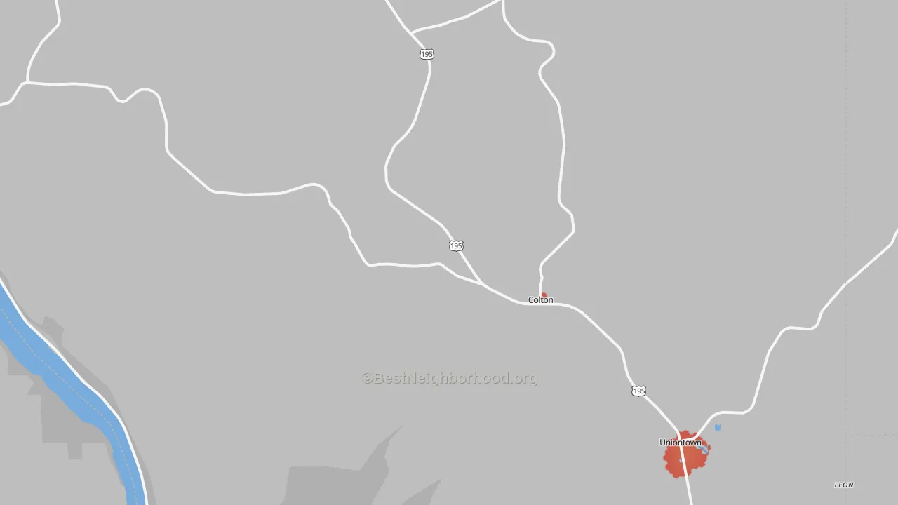 Walk Grade map of Colton, WA, walkable areas in green and car-dependent areas in red