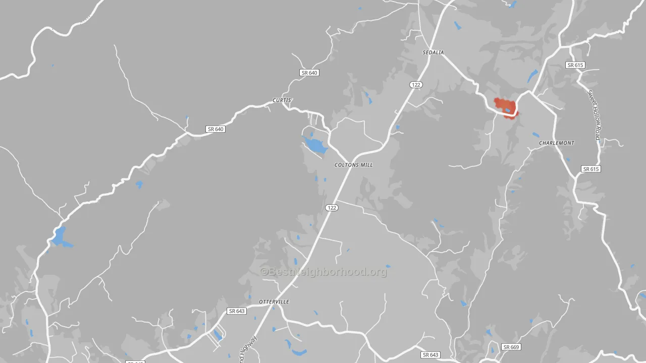 Walk Grade map of Coltons Mill, VA, walkable areas in green and car-dependent areas in red