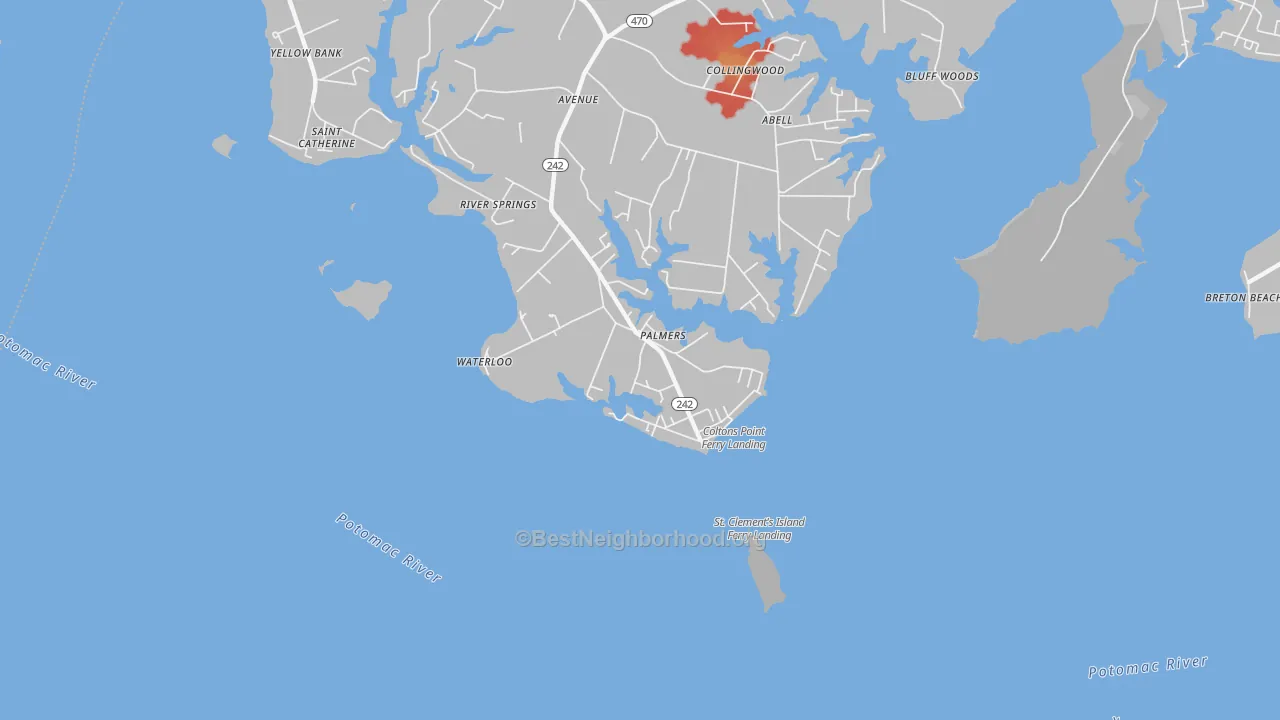 Walk Grade map of Coltons Point, MD, walkable areas in green and car-dependent areas in red