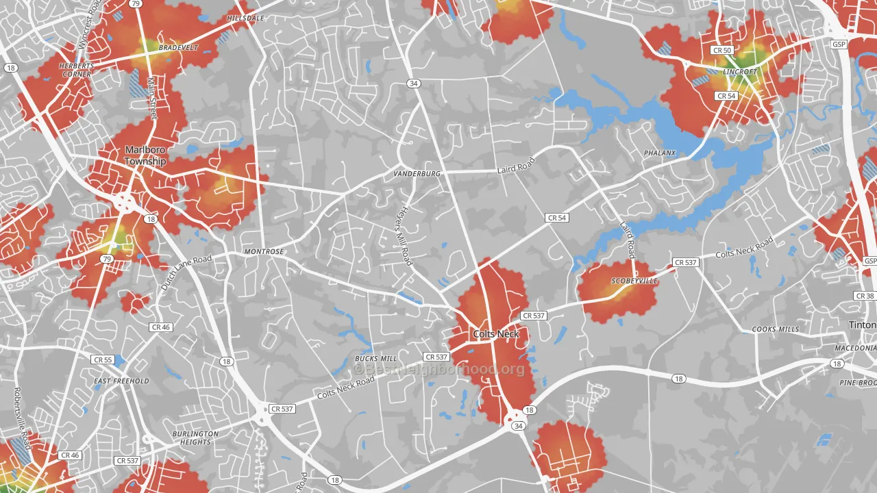 Walk Grade map of Colts Neck, NJ, walkable areas in green and car-dependent areas in red