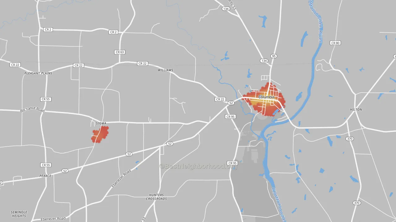 Walk Grade map of Columbia, AL, walkable areas in green and car-dependent areas in red