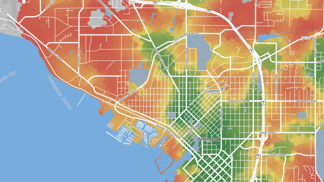 Walk Grade map of Columbia, Bellingham, WA, walkable areas in green and car-dependent areas in red