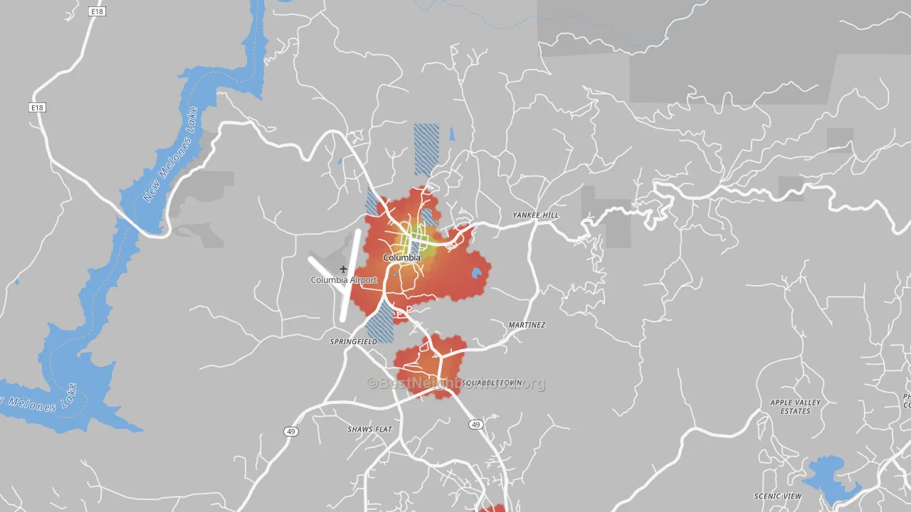 Walk Grade map of Columbia, CA, walkable areas in green and car-dependent areas in red