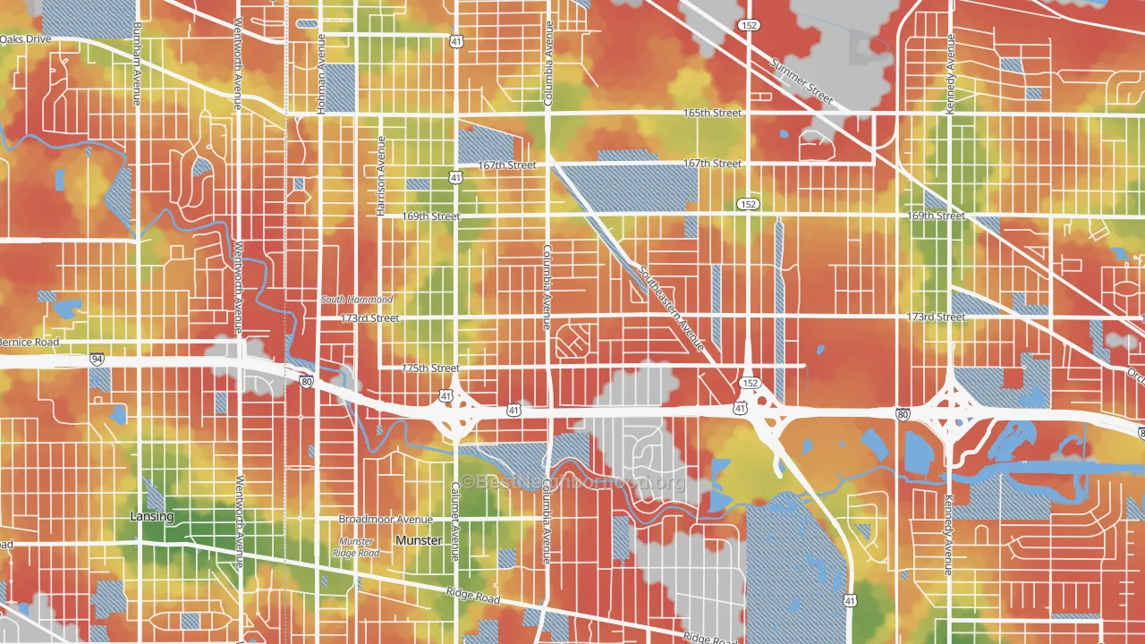 Walk Grade map of Columbia Center, Hammond, IN, walkable areas in green and car-dependent areas in red