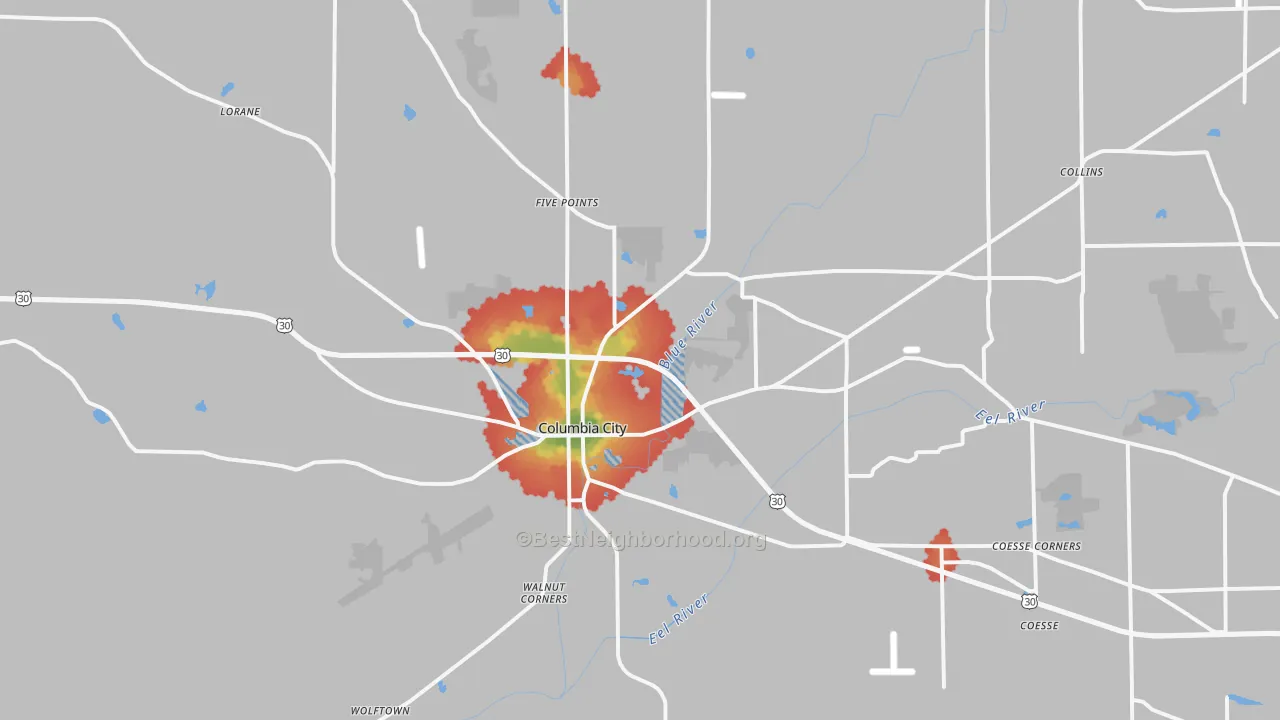 Walk Grade map of Columbia City, IN, walkable areas in green and car-dependent areas in red