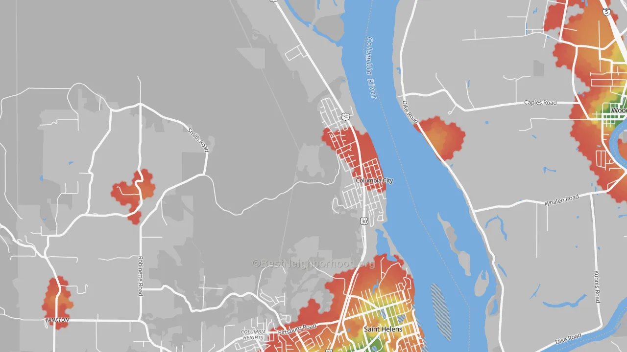 Walk Grade map of Columbia City, OR, walkable areas in green and car-dependent areas in red