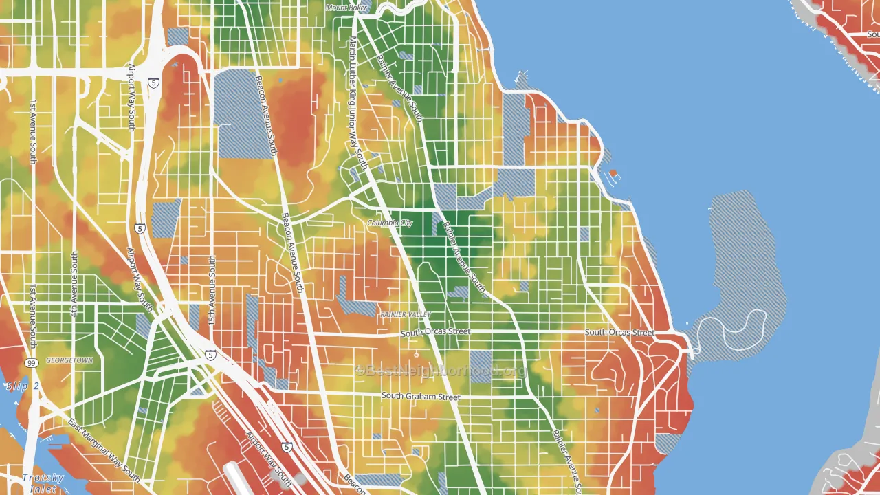 Walk Grade map of Columbia City, Seattle, WA, walkable areas in green and car-dependent areas in red
