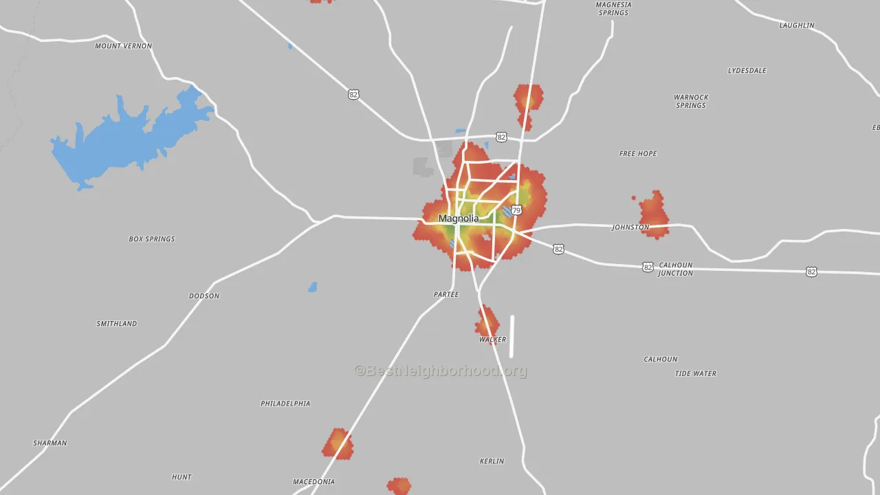 Walk Grade map of Columbia County, AR, walkable areas in green and car-dependent areas in red