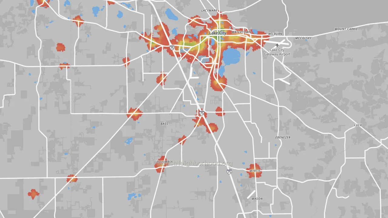 Walk Grade map of Columbia County, FL, walkable areas in green and car-dependent areas in red