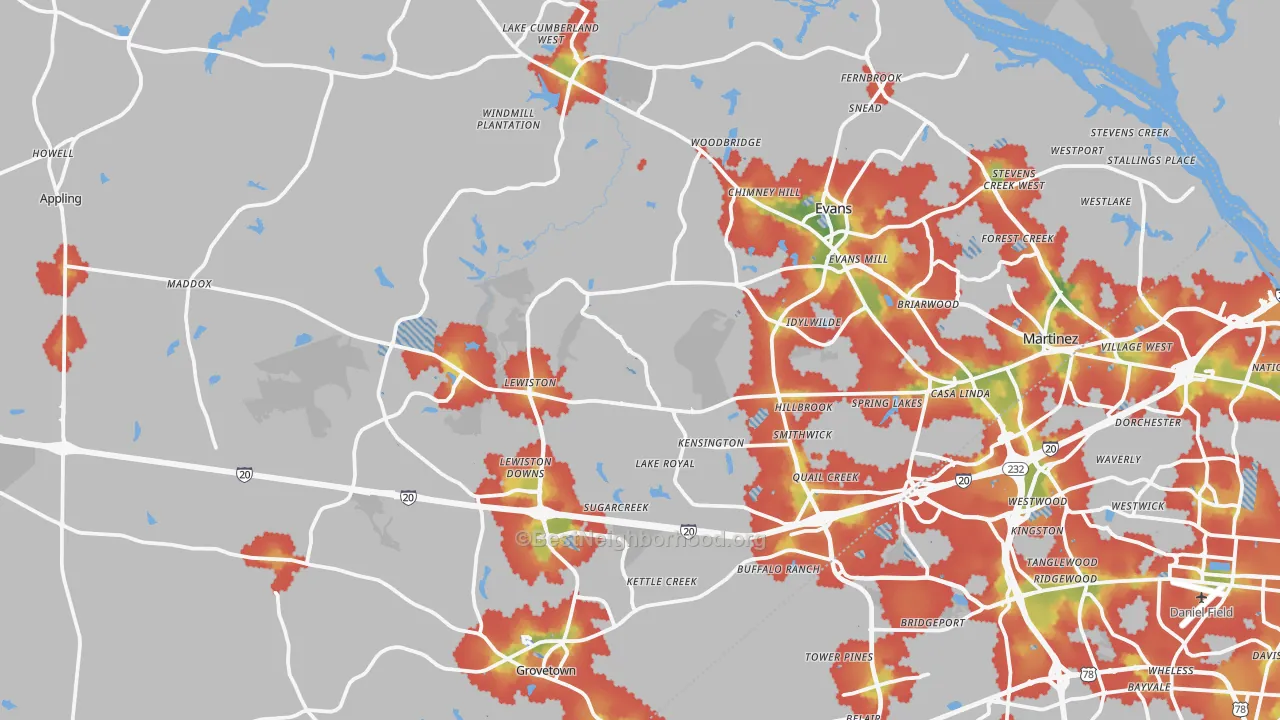 Walk Grade map of Columbia County, GA, walkable areas in green and car-dependent areas in red