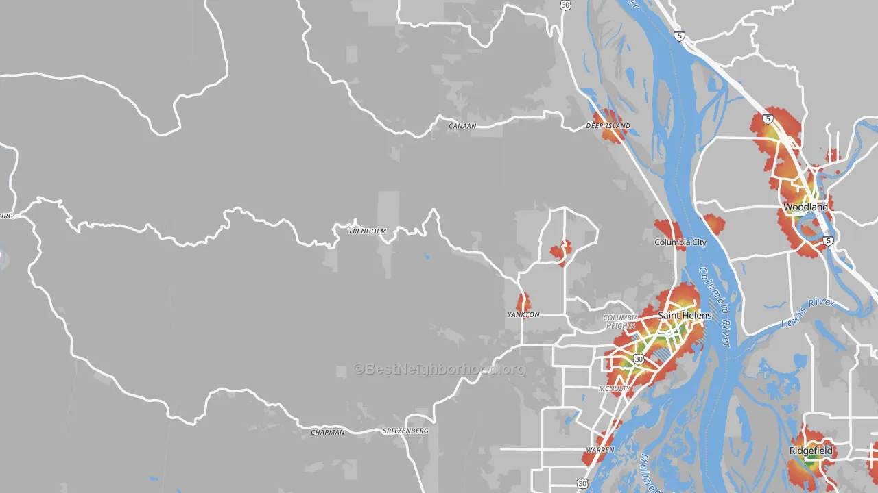 Walk Grade map of Columbia County, OR, walkable areas in green and car-dependent areas in red