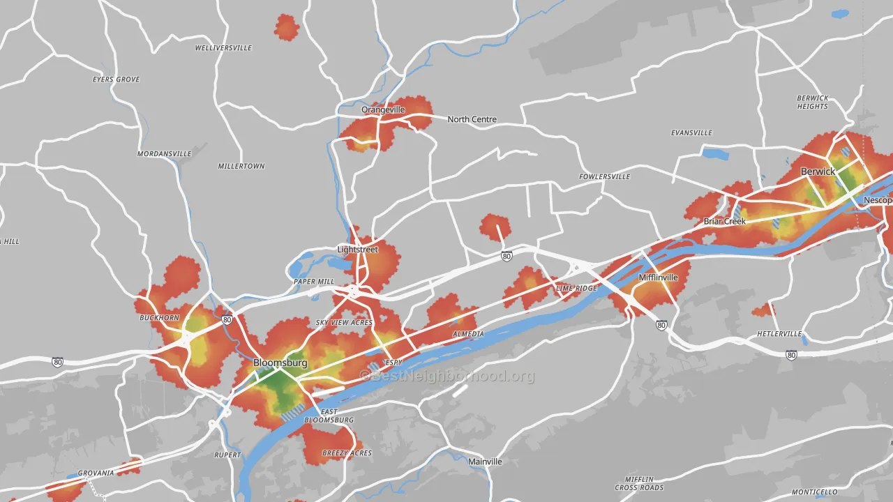 Walk Grade map of Columbia County, PA, walkable areas in green and car-dependent areas in red